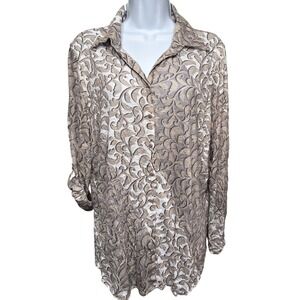 DAVID CLINE‎ Womens Earth Beige Abstract Print Button Up Shirt L Boho Lagenlook